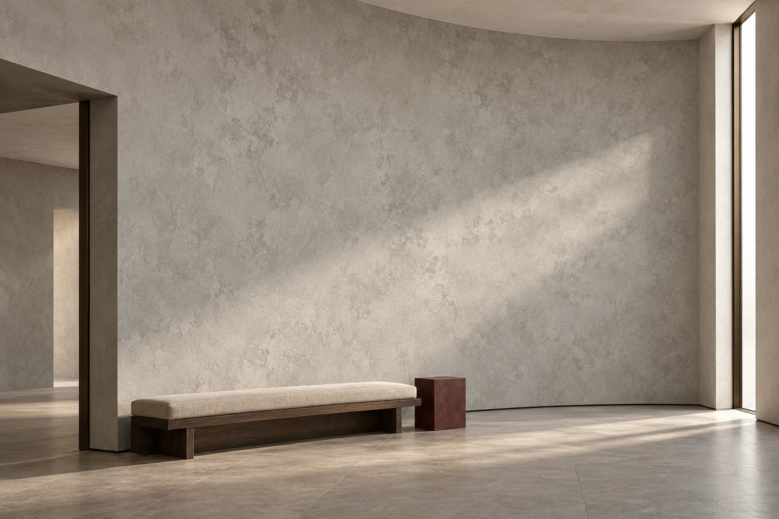 Design study visualization of a pale mineral-finish curved wall, daylight slot and low walnut bench.