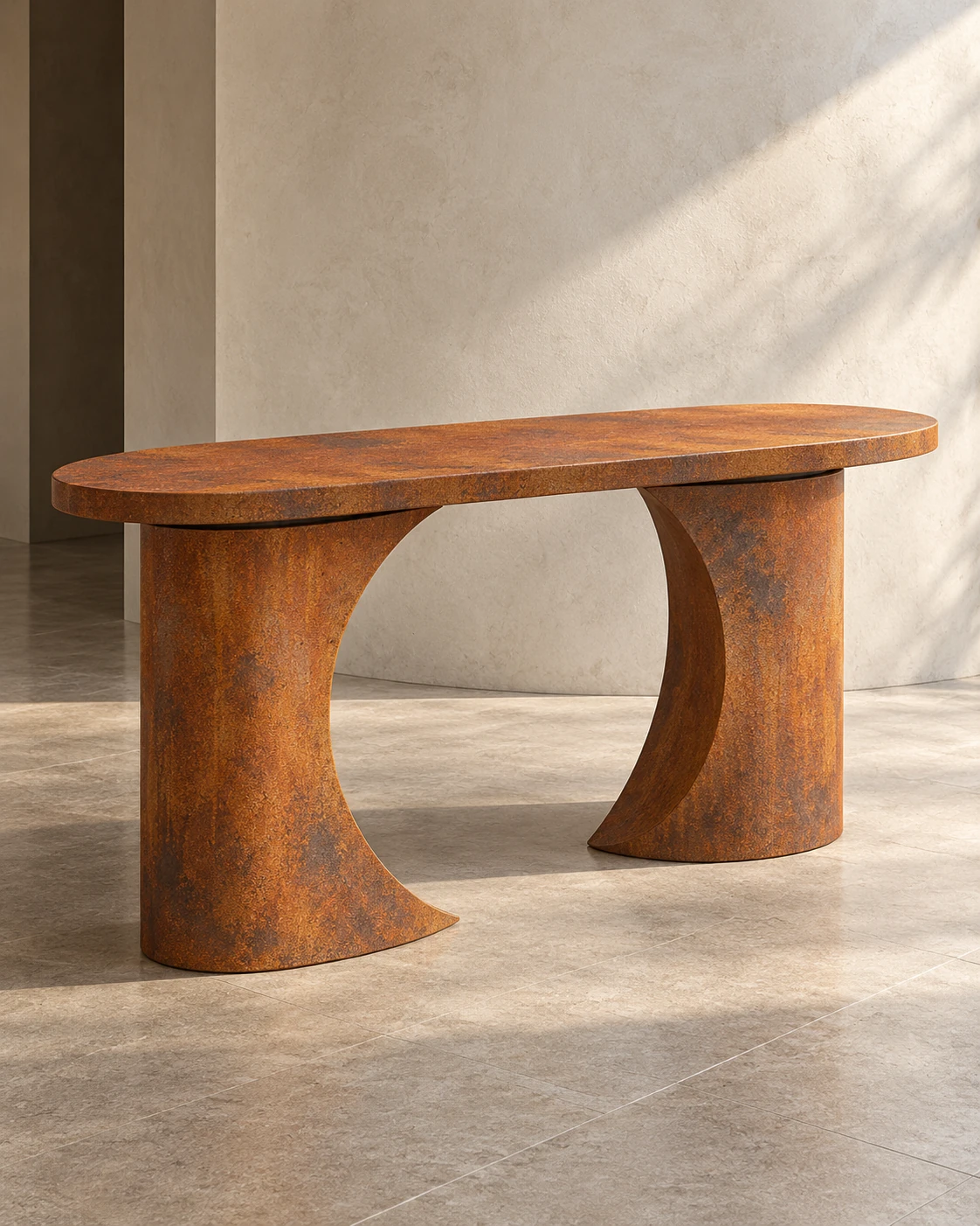 Design study visualization of a sculptural console with curved crescent supports and a richly oxidized orange-brown Rust finish.