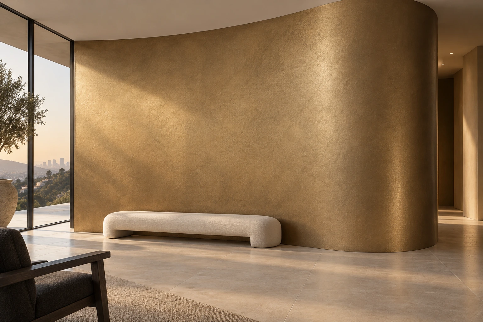 architectural concept: a monumental bronze-toned Liquid Metal feature wall sweeps through a Hollywood Hills living space, catching soft light across its curved return.