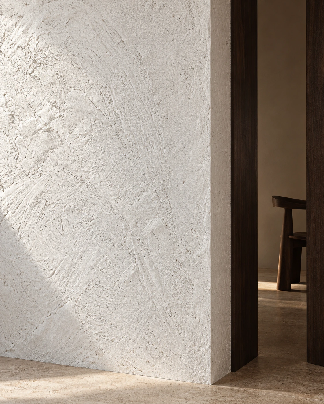 application concept: rough white Eco Clay in grazing daylight beside a dark timber doorway.