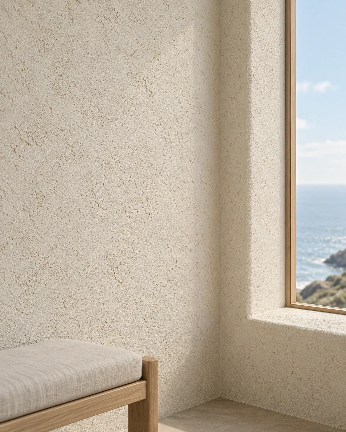 application concept: ivory granular Terra+ Clay around a deep window reveal with ocean light and a pale oak bench.