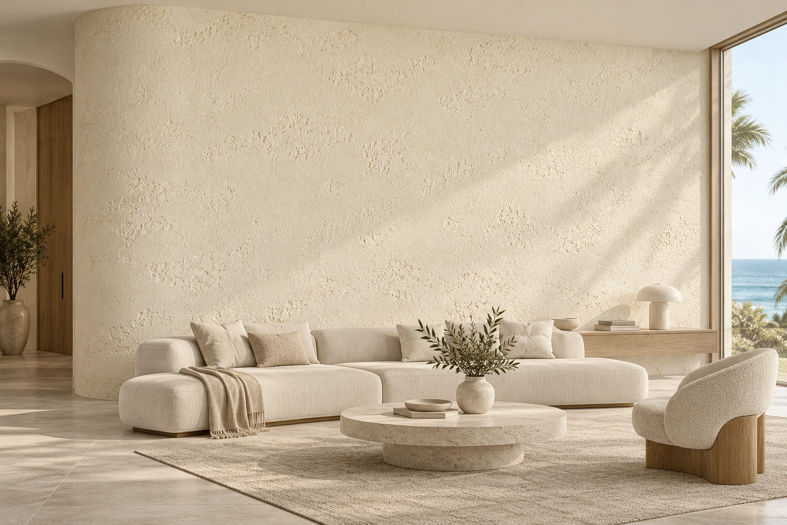 Spatial design study: SANDY 01 inspired walls in a living room with pale oak and ivory textiles