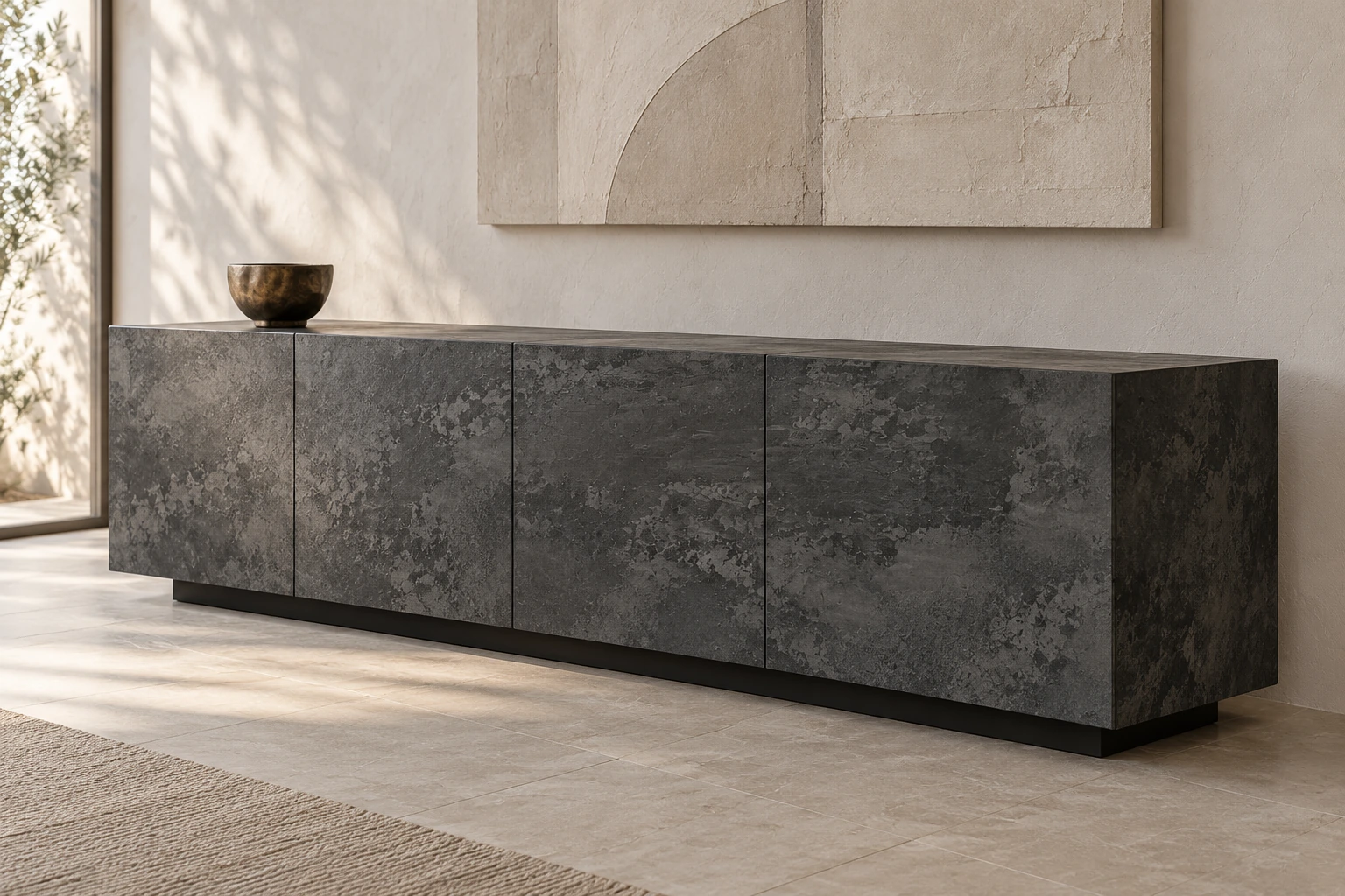 A dark charcoal Beton Arch design study on a monolithic credenza.