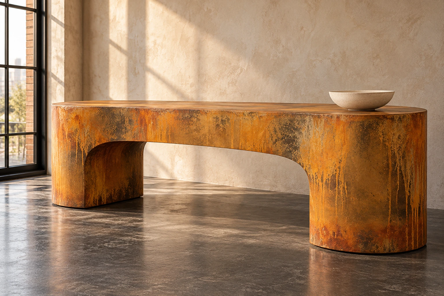 Broad curved console in an oxidized rust finish within a quiet industrial loft.