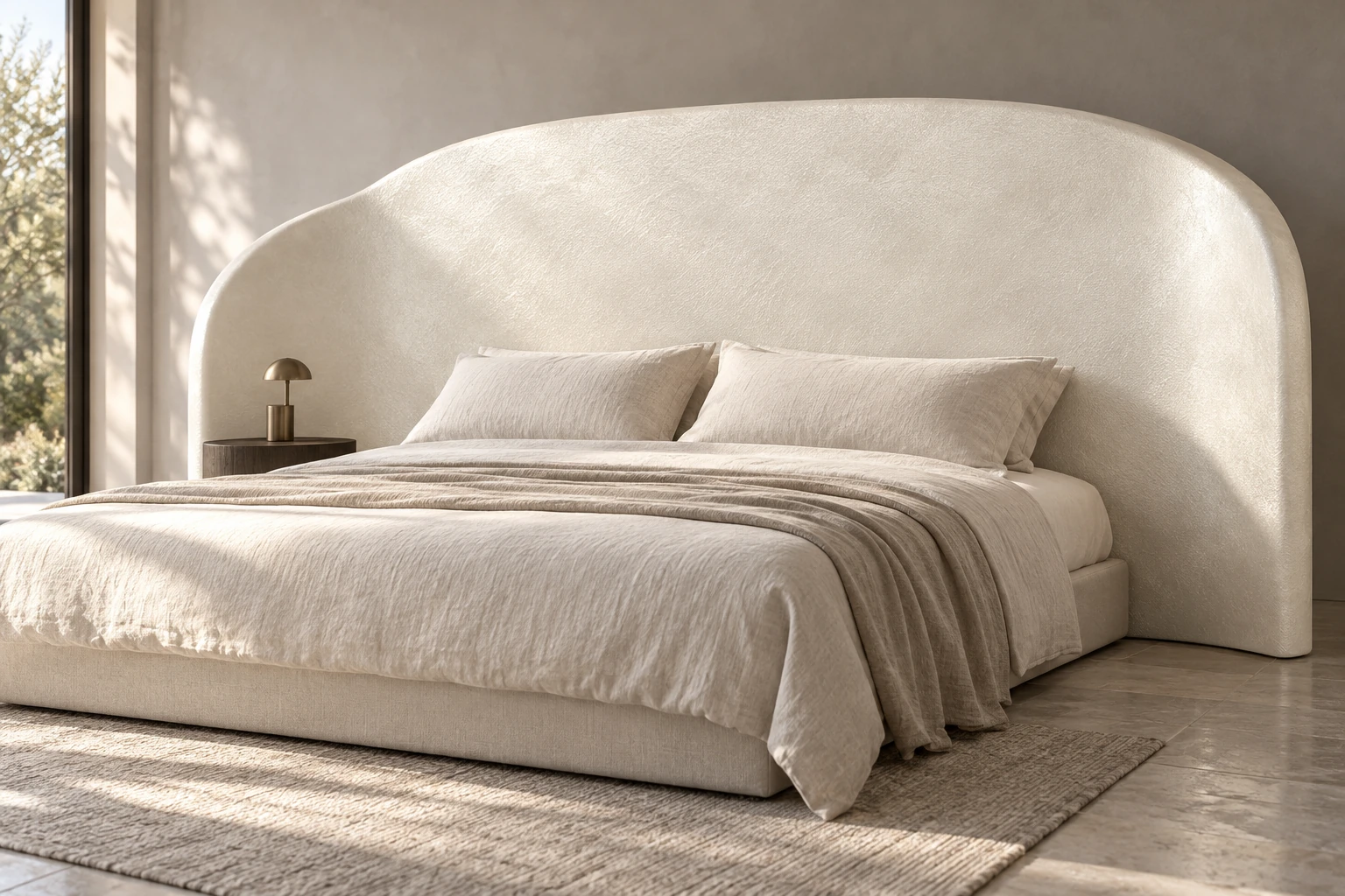Curved ivory pearlescent headboard in a restrained contemporary bedroom.