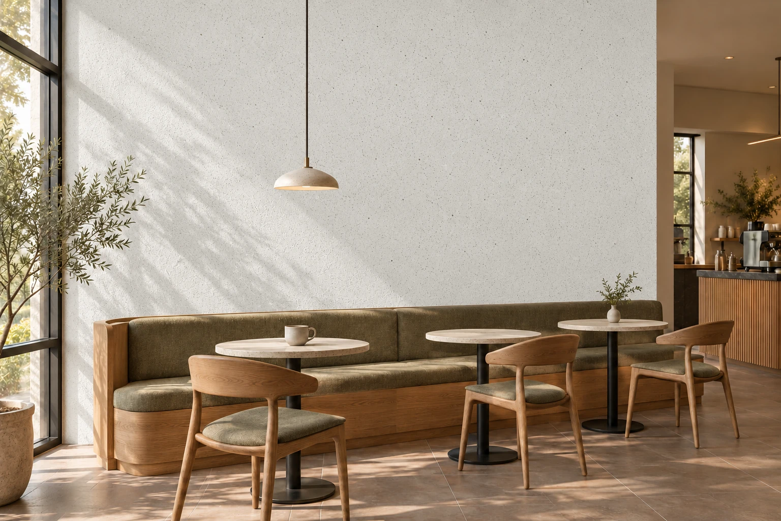 Design study: café with PUKACO UPCYCLE CLAY, CAFÉ on the guest seating wall.