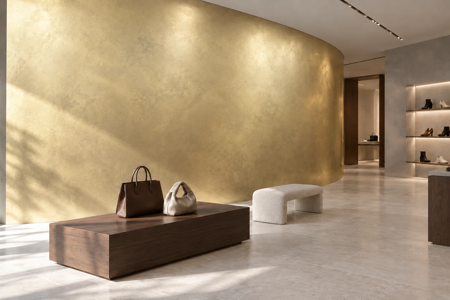 Design study: fashion boutique with PUKACO LIQUID METAL, AURO on the curved display backdrop.
