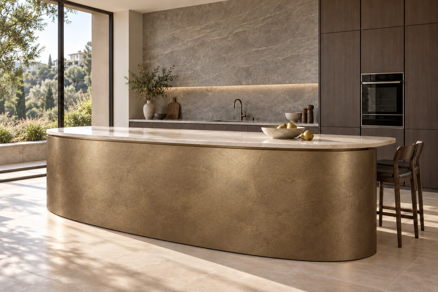 Design study: kitchen island with PUKACO LIQUID METAL, BRONZO on the vertical island face.