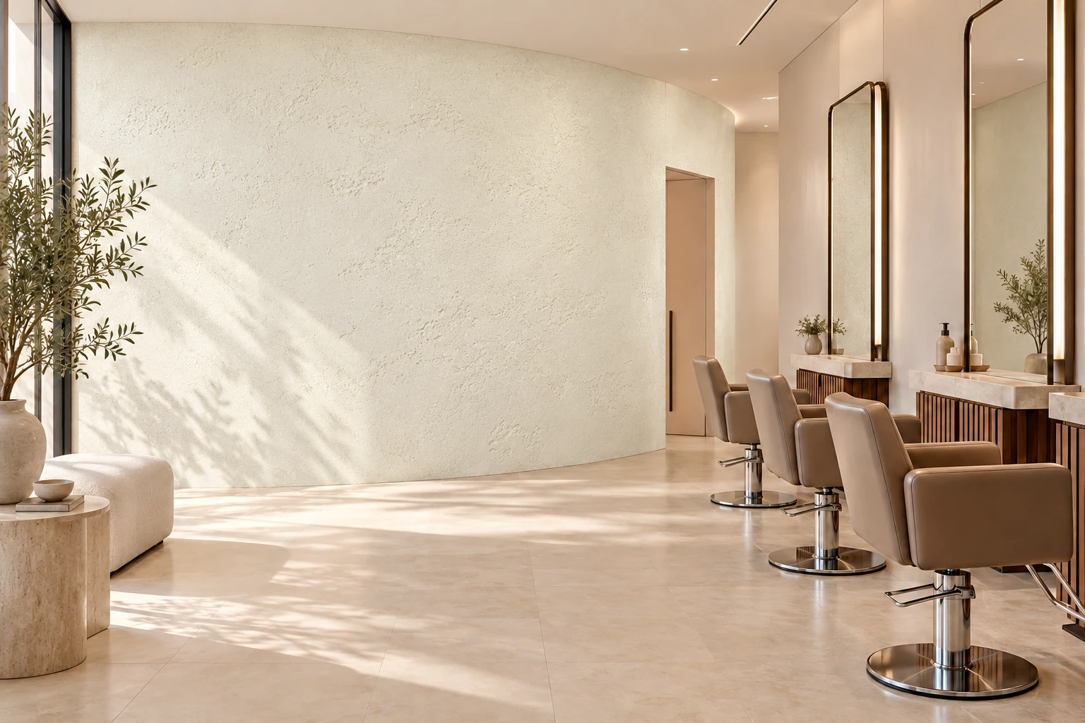 Design study: salon with PUKACO TERRA+ CLAY, SANDY 01 on the styling area feature wall.