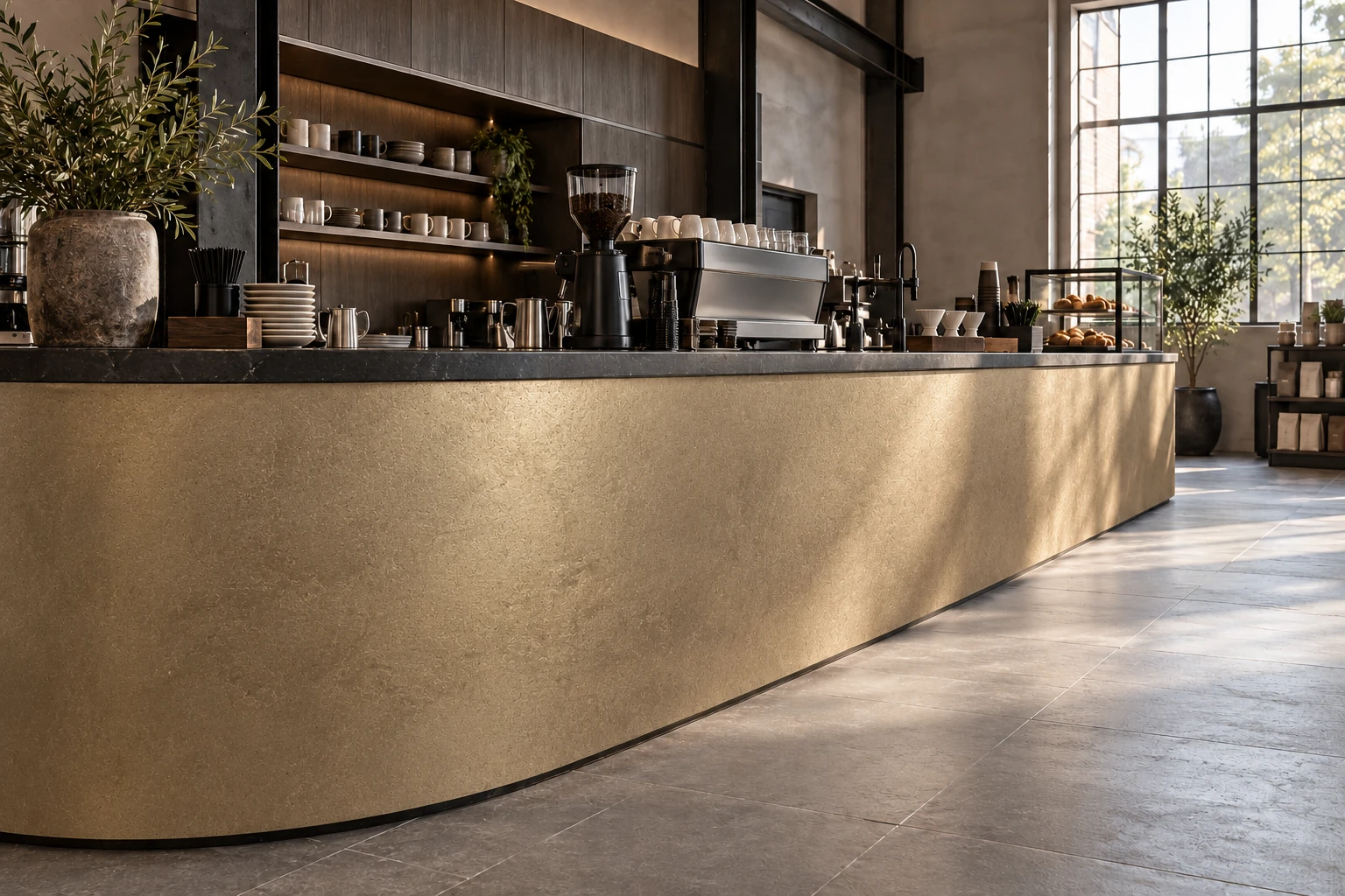 Design study: coffee counter with PUKACO LIQUID METAL, BRONZO on the customer-facing vertical counter.
