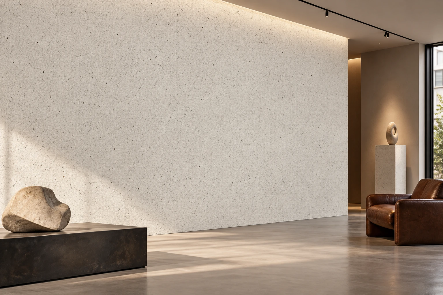 A minimal gallery with an ivory Upcycle Clay wall, visible recovered flecks and a sculptural display.