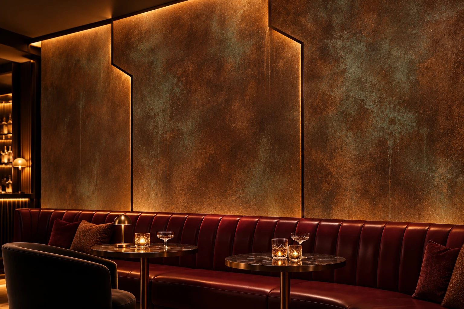 An Art Deco lounge with layered aged copper-brown and muted green patina across a feature wall.