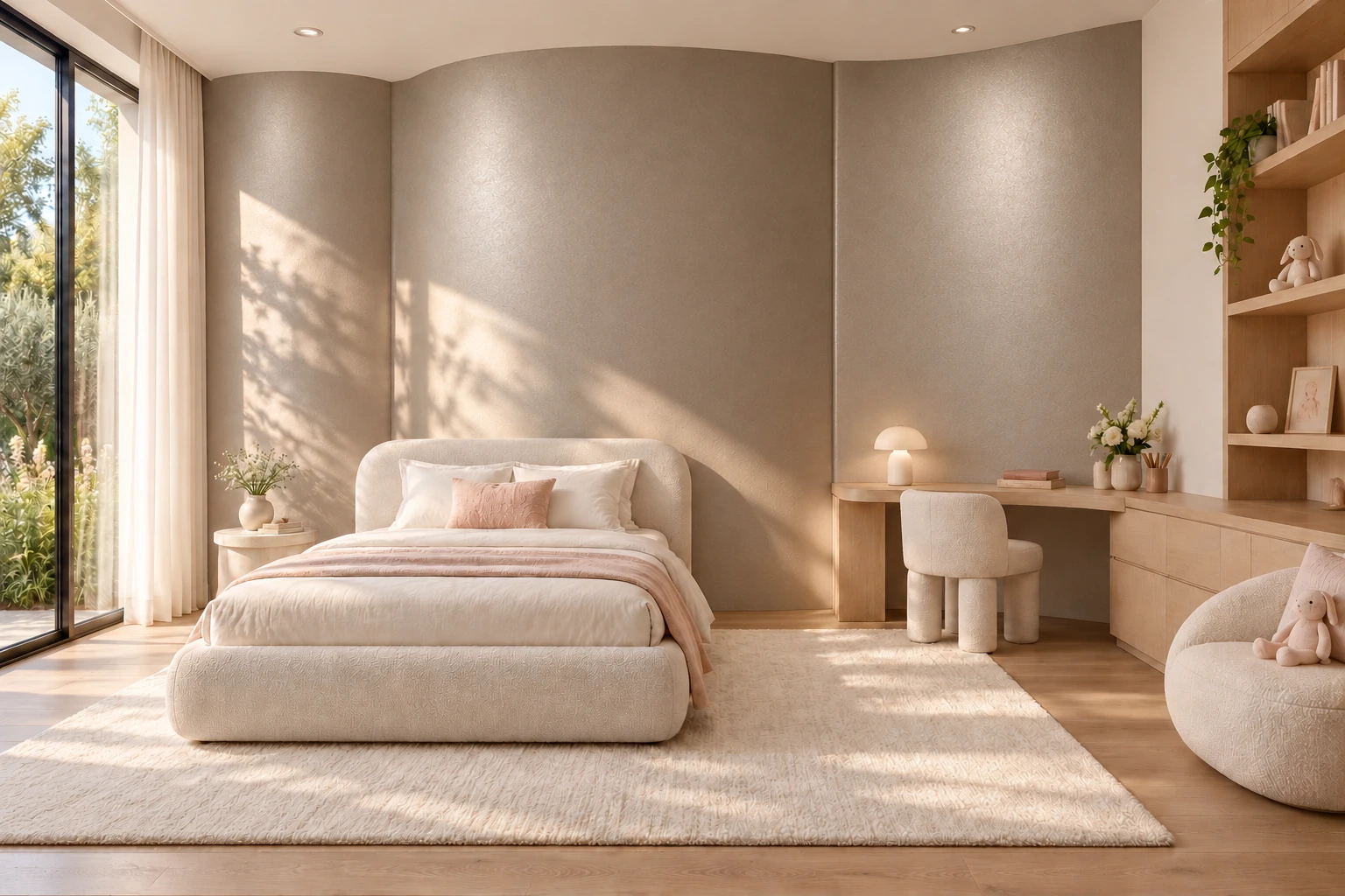 A contemporary bedroom with a warm greige Akoya-inspired pearlescent wall, fine grain and soft grazing light.