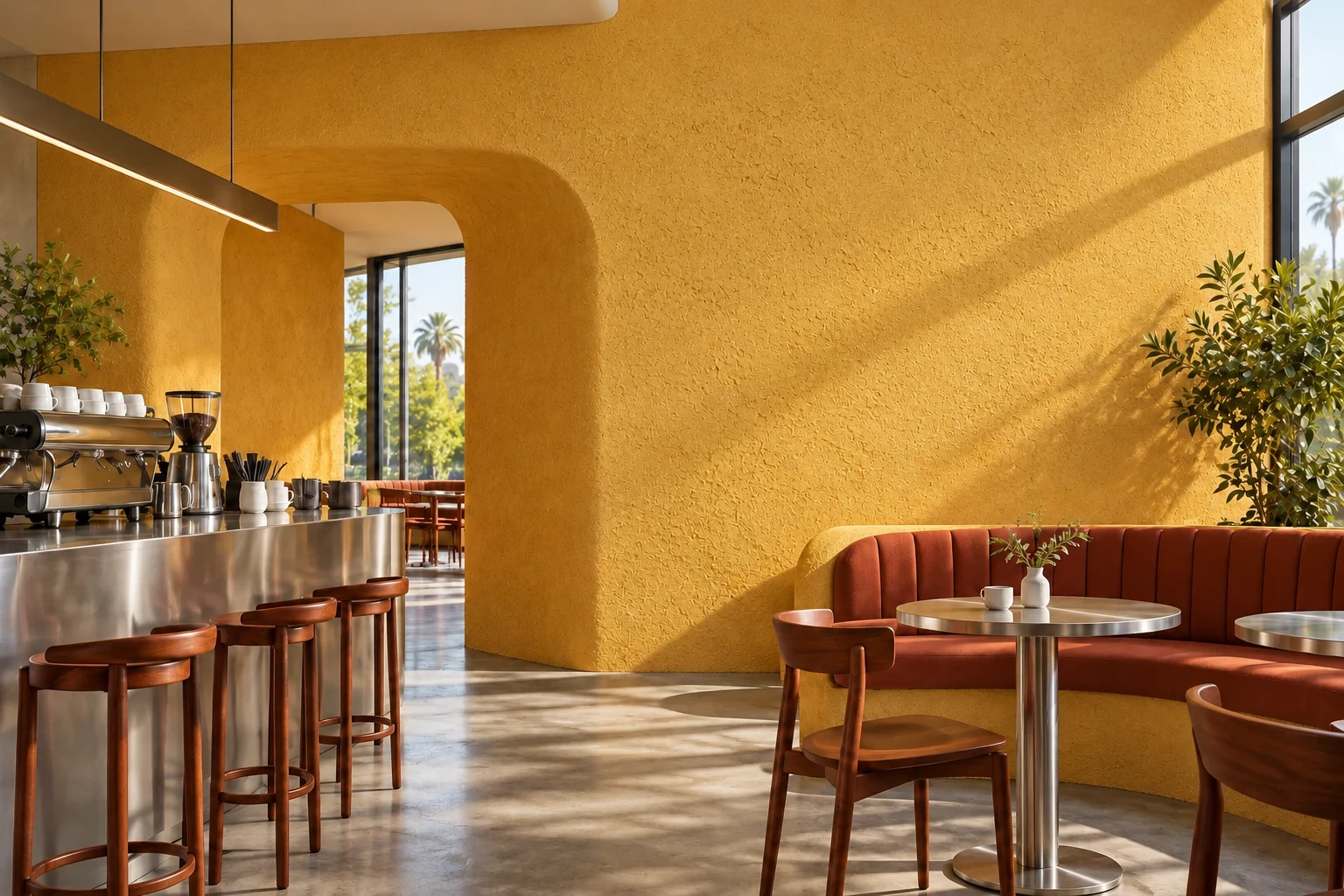 A cafe with a warm ochre clay wall, fine low-relief texture and curved openings.