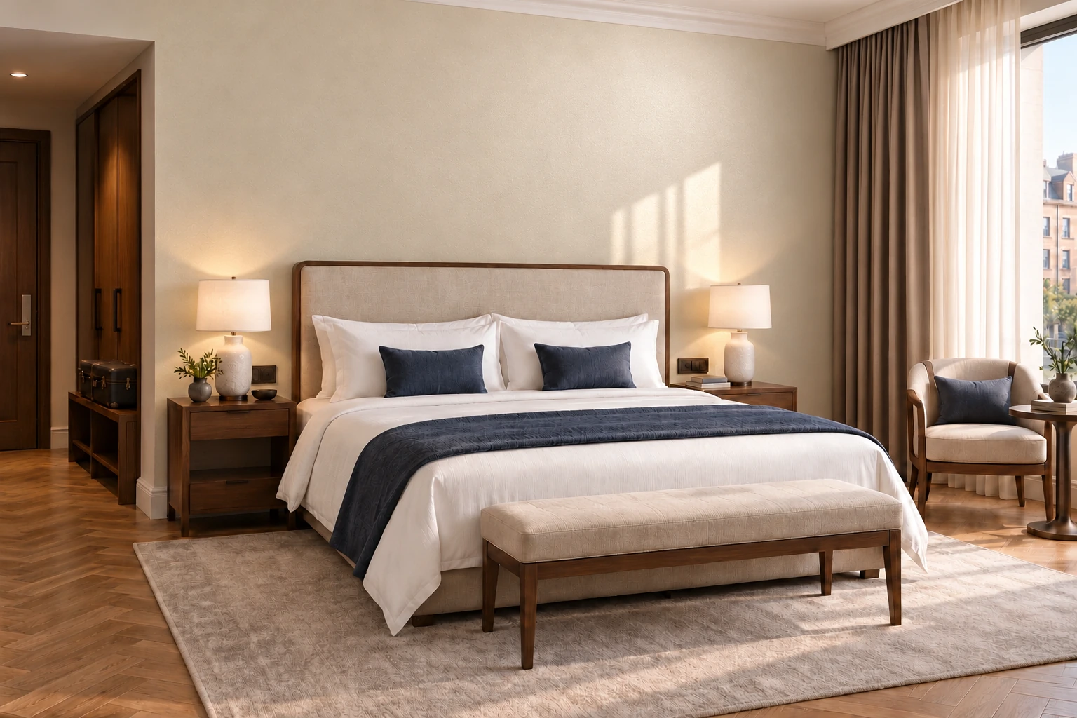 A hotel guest room with a soft beige Akoya-inspired pearl wall, walnut furniture and navy textiles.