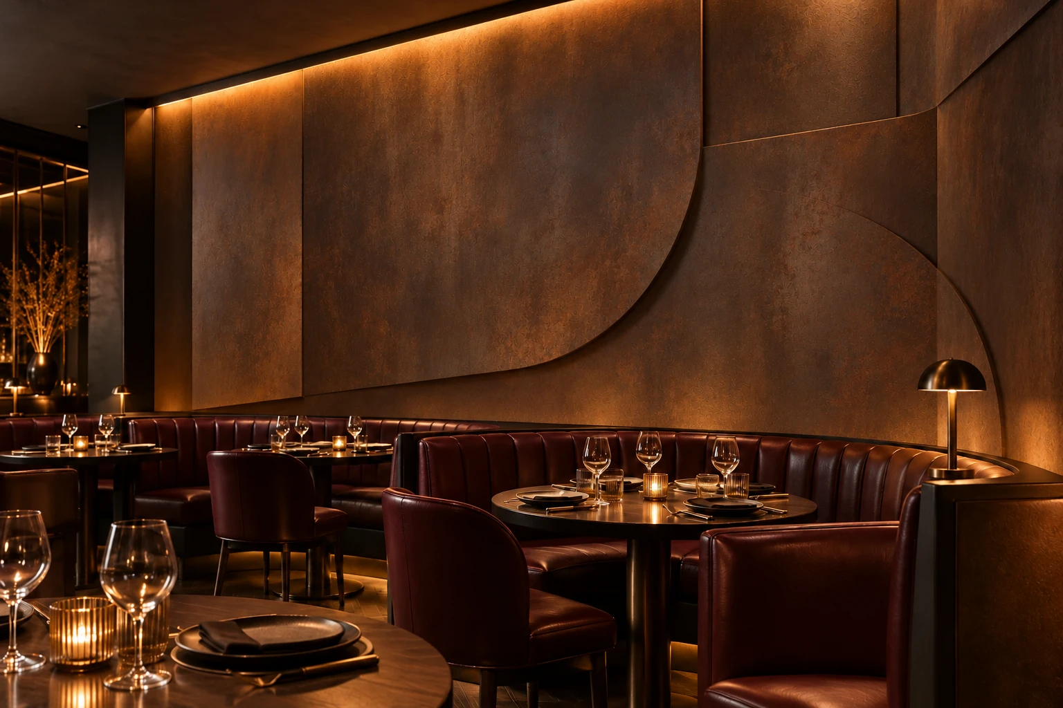 An Art Deco restaurant with layered brown and muted copper oxidation across a curved rust-effect feature wall.