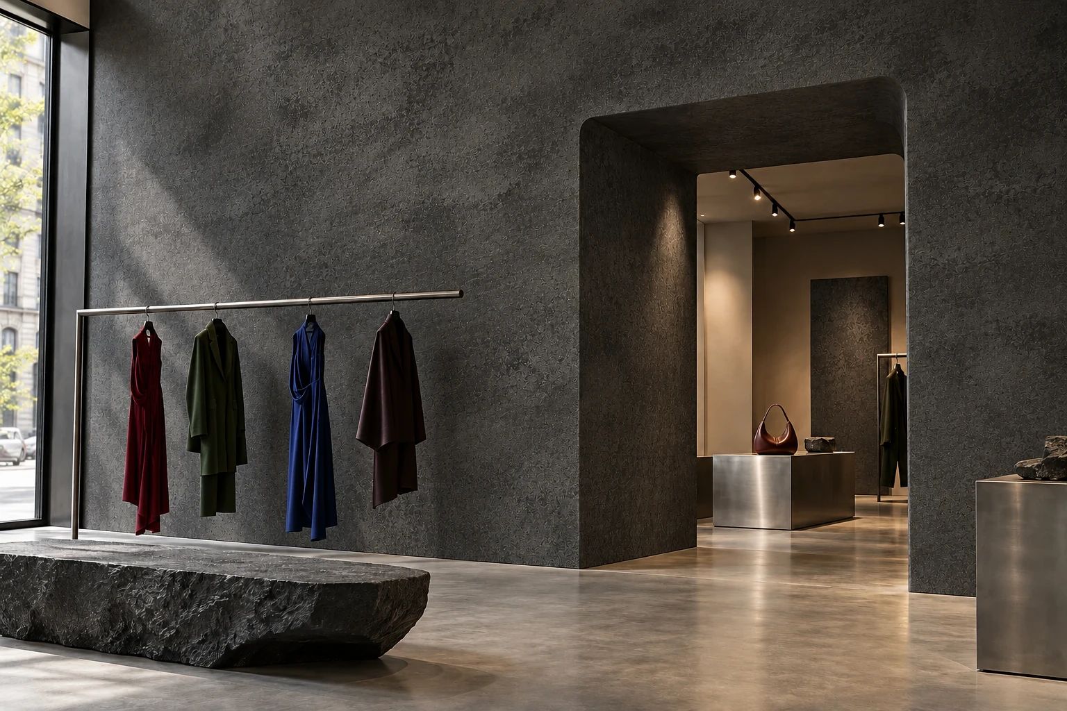 A fashion boutique with a graphite concrete-effect wall, restrained mineral texture and sculptural displays.