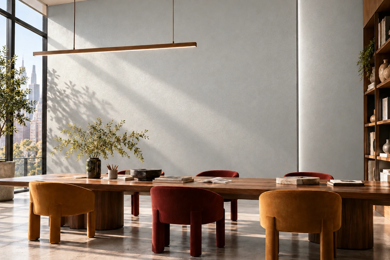 A contemporary workplace with a silvery Akoya-inspired pearl wall and burgundy and mustard furniture.